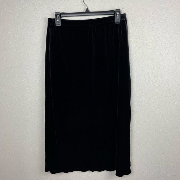 Pre-Owned Notations Womens Black Velvet Stretch Midi Side Slit Size Petite L - Picture 1 of 3